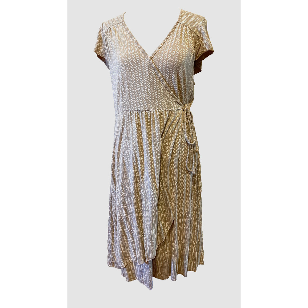Fresh Produce Faux Wrap Dress Size L USA Made Rayon Blend Beige Geometric Print